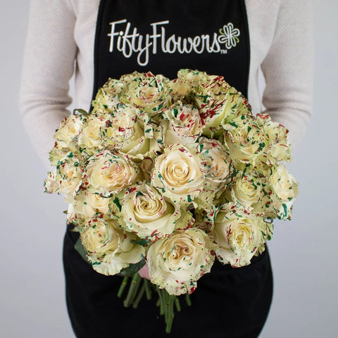 White Red Green Rose Flower Bunch in Hand